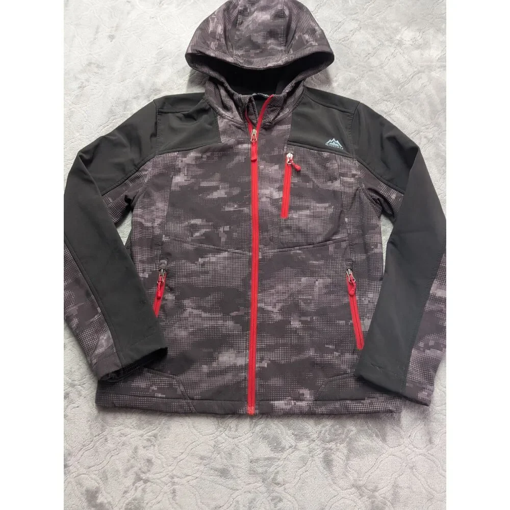 Snozu Girls 14/16 Softshell Jacket Gray Camo Hooded Fleece Lined Outdoor